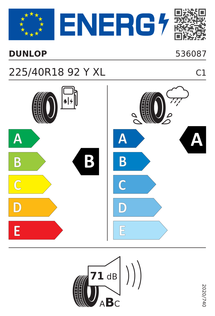 Etykieta opony Dunlop SPORT MAXX RT 225/40R18 92Y XL