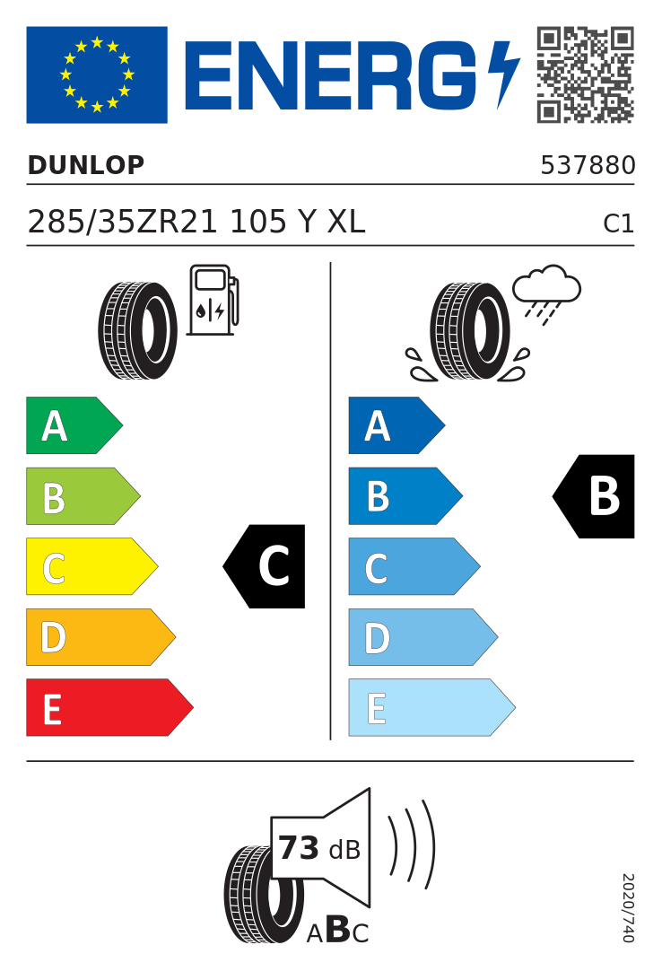 Etykieta opony Dunlop SPORT MAXX RT2 285/35R21 105Y XL Mercedes