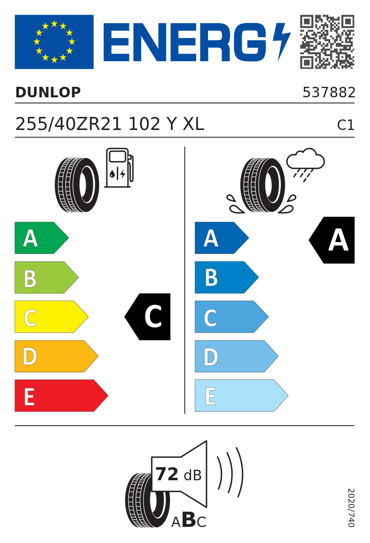 Etykieta opony Dunlop SPORT MAXX RT2 255/40R21 102Y XL Mercedes
