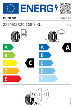 Etykieta opony Dunlop SPORT MAXX RT2 285/40R20 108Y XL Mercedes