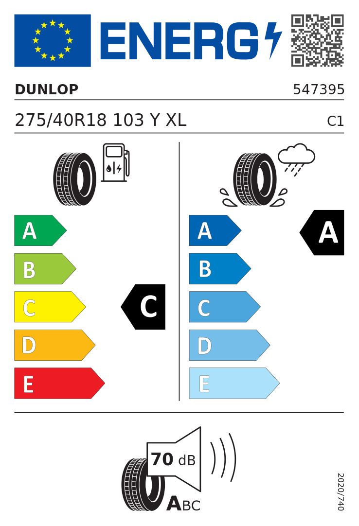 Etykieta opony Dunlop SPORT MAXX RT2 275/40R18 103Y XL Mercedes