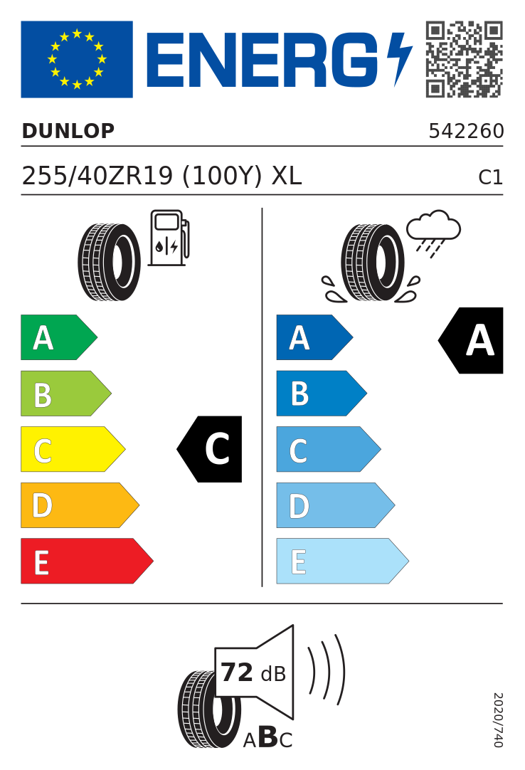 Etykieta opony Dunlop SPORT MAXX RT2 255/40R19 100Y XL
