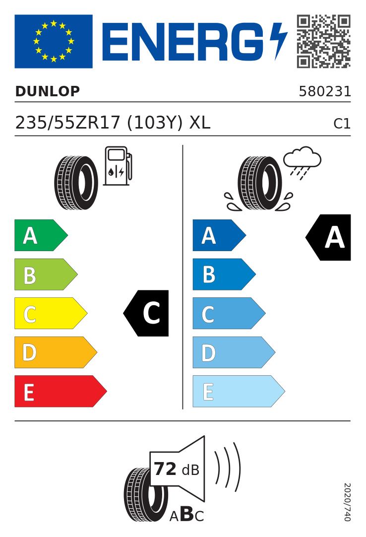 Etykieta opony Dunlop SPORT MAXX RT2 235/55R17 103Y XL