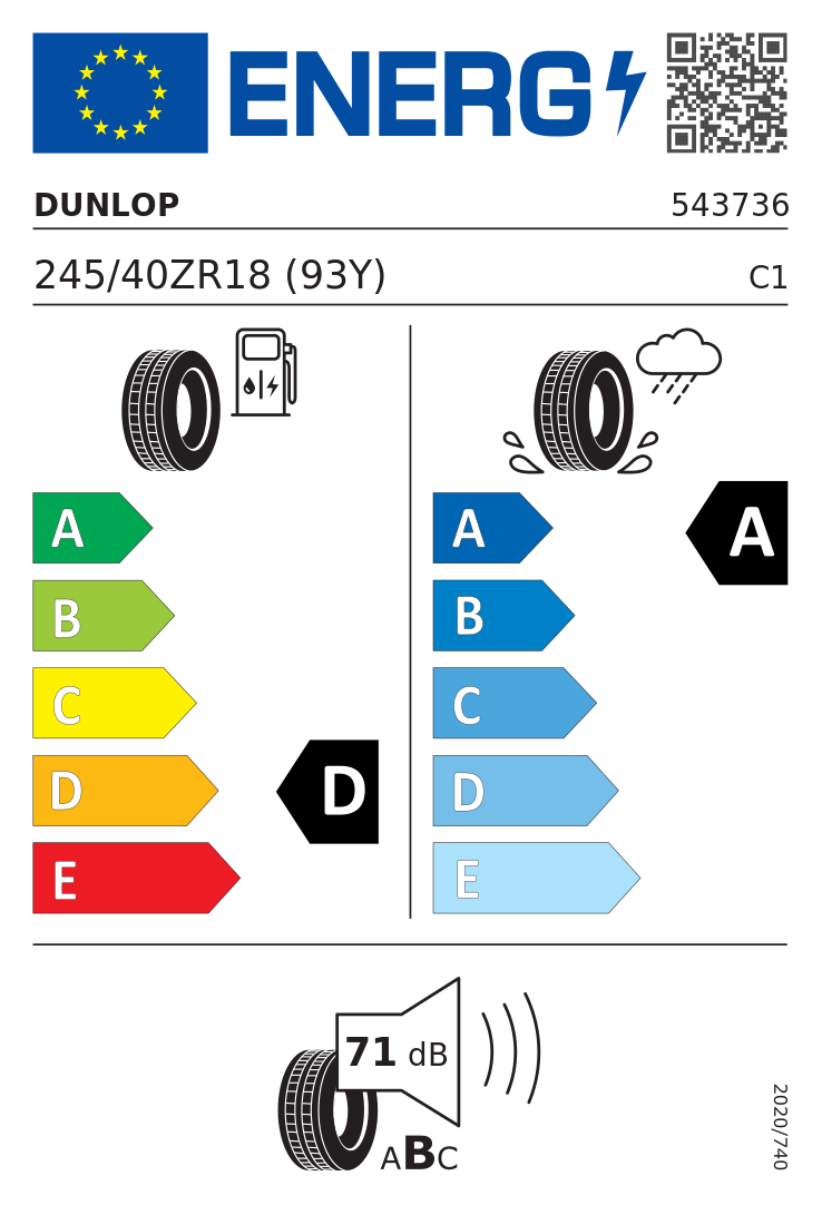 Etykieta opony Dunlop SPORT MAXX RT2 245/40R18 93Y
