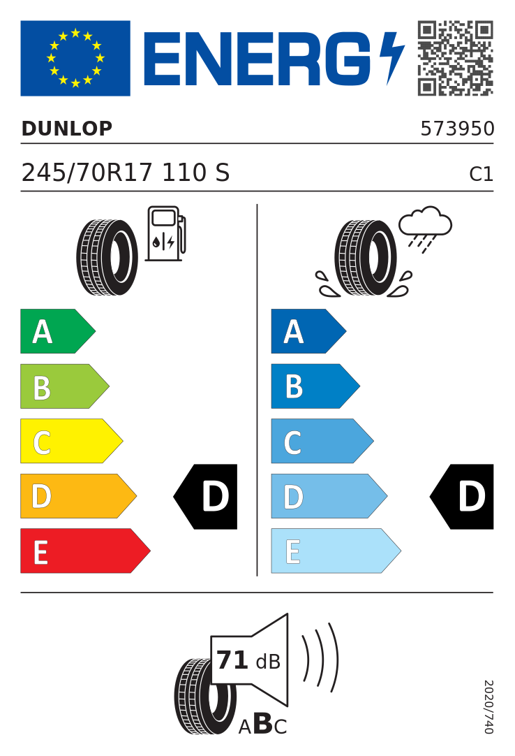 Etykieta opony Dunlop GRANDTREK AT20 245/70R17 110S