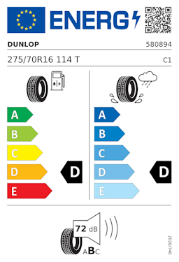 Etykieta opony Dunlop GRANDTREK AT5 275/70R16 114T