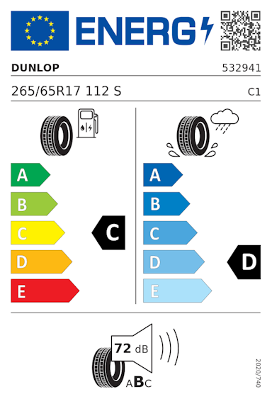 Etykieta opony Dunlop GRANDTREK AT20 265/65R17 112S
